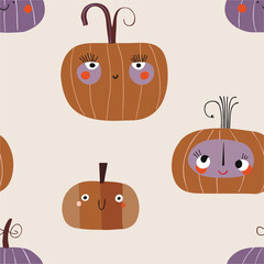 A seamless vector pattern featuring funny and whimsical pumpkins with playful faces and shapes. Ideal for Halloween and fall-themed designs