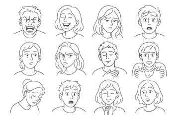 Diverse cartoon expressions of young caucasian individuals displaying various emotions