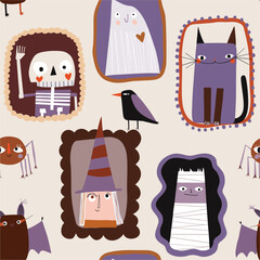 Seamless Halloween pattern featuring portraits of a witch, skeleton, ghost, black cat, and bat. Cute spooky characters. Perfect for Halloween decorations, wrapping paper, textiles, and party designs.