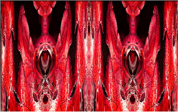 In crimson and coal, the image pulses with mirrored intricacy, an uncanny dance of forms that flicker between beast and myth.