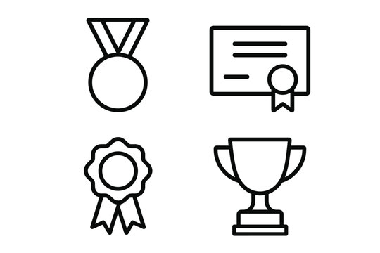 Outline icons: medal, certificate, award ribbon, and trophy