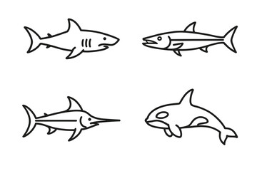 Obraz premium Outline illustrations of shark, tuna, swordfish, and orca