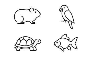 Obraz premium Black and white line art of hamster, parrot, turtle, and fish icons