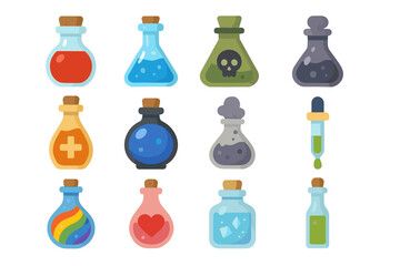 Colorful magical potion bottles and elixirs in various shapes and colors