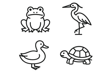 Obraz premium Outlined illustrations of frog, heron, duck, and turtle in simple black and white