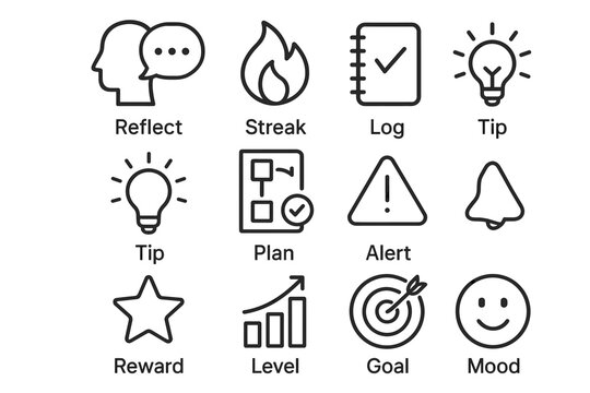 Set of icons: reflect, streak, log, tip, plan, alert, reward, level, goal, mood