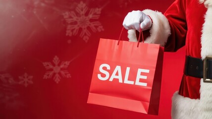 Festive Santa Claus with Red Sale Shopping Bag - Christmas Holiday Retail Promotions and Seasonal Discounts Against Snowflake Background - Winter Celebration Shopping Event