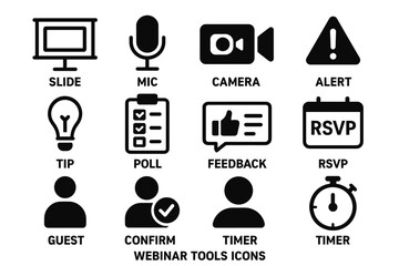 Webinar tools icons: slide, microphone, camera, alert, poll, feedback, rsvp, timer