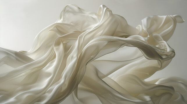 Close up view of flowing sheer fabric in shades of white and beige against a white background