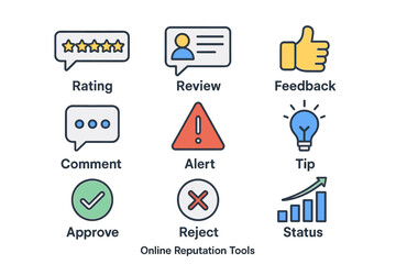 Online reputation tools: rating, review, feedback, comment, alert, tip, approve, reject, status