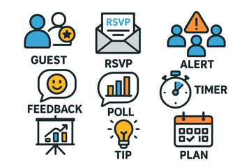 Icons for guest rsvp, alert notification, feedback, poll, timer, tips, planning