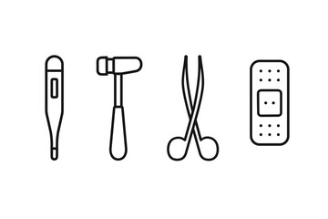 Vector medical icons: thermometer, reflex hammer, scissors, bandage