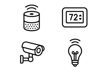 Smart home devices: speaker, thermostat, camera, bulb icon set