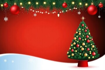 Festive Christmas Holiday Background with Decorated Tree, Ornaments, and Snowflakes. Seasonal Celebration Design Template for Winter Greetings and Events.