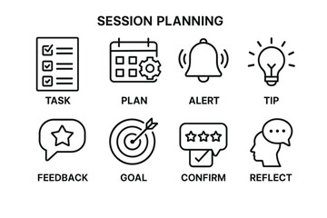 Session planning icons: task, plan, alert, tip, feedback, goal, confirm, reflect
