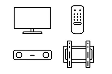 Minimalist line art of tv, remote, soundbar, and wall mount setup