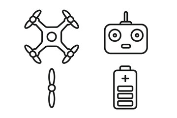 Drone and accessories: controller, battery, propeller icons