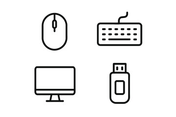 Minimalist computer accessory icons: mouse, keyboard, monitor, usb drive