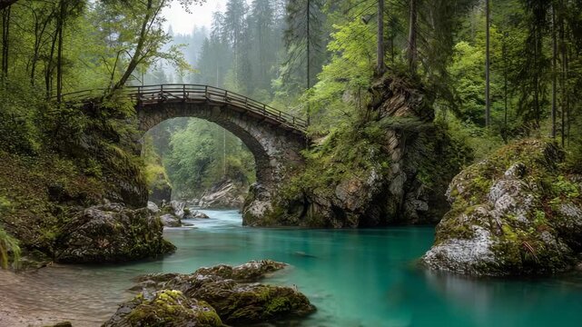 Ultra HD Old stone bridge video, mystical stone bridge over the turquoise soca river in the julian alps, slovenia