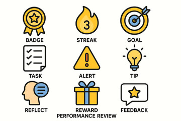 Motivational icons: badge, streak, goal, task, alert, tip, reflect, reward, feedback