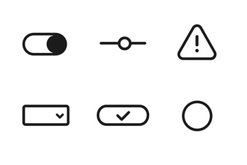 Minimalist icon set: toggle, slider, alert, checkbox, and button symbols