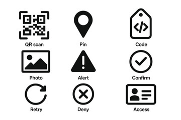 Qr code, map pin, photo, alert, confirm, and access icons set on white background