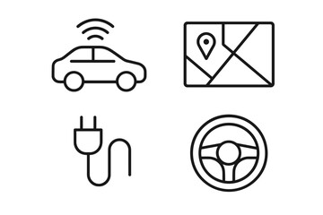 Connected car technology icons: gps, electric plug, steering wheel