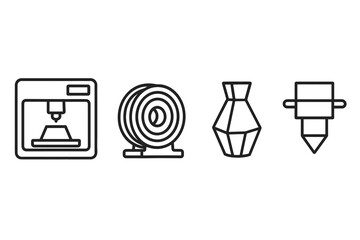 3d printing icons: printer, filament, vase, nozzle line art