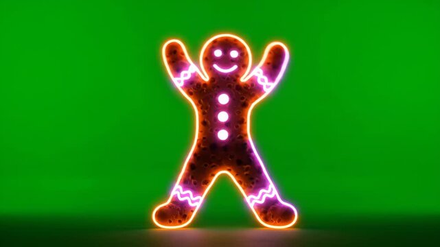 Neon Gingerbread Man Dancing on Green Screen - A glowing neon gingerbread man figure is shown against a bright green background. The gingerbread man is smiling and has his arms raised.