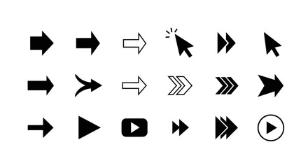A diverse collection of black arrow icons, cursors, and play buttons, all pointing to the right on a white background.