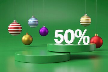 Spectacular 50% Discount: Festive Holiday Promotion on Green Pedestals with Colorful Ornaments