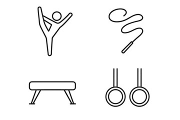 Minimalistic gymnastics icons: rhythmic rope, balance beam, rings