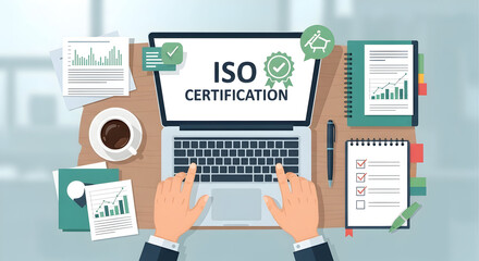 ISO Certification Process on Laptop — Quality Management, Compliance Audit and Certification Document Review