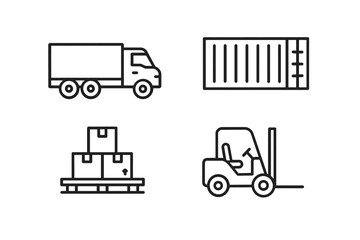 Logistics icons: truck, container, pallet boxes, forklift for transport and shipping