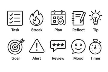 Icon set featuring tasks, streaks, and alerts for planning and motivation