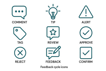 Feedback cycle icon set: comment, tip, alert, tag, review, approve, reject, feedback, confirm