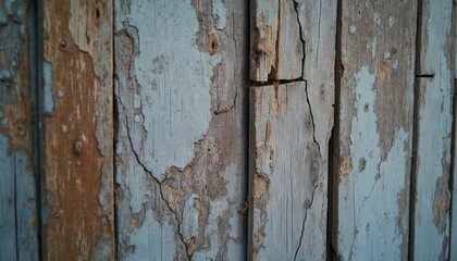Wooden barn door surface close up. Old cracked paint on weathered planks. Blue color peeling off the aged timber. Rough texture, background with grain and natural cracks