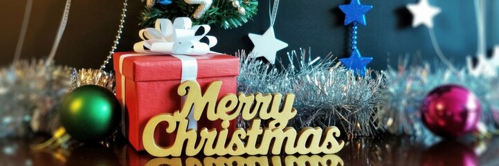 Festive Christmas Decorations: Golden Merry Christmas Sign, Red Gift Box, Ornaments, and Tinsel for Holiday Season Celebration