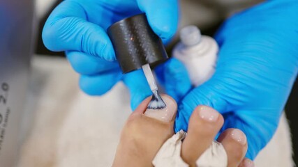 Professional pedicurist applying nail polish during spa pedicure treatment