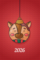 Christmas, card, bauble, horse, zodiac, 2026. Holiday postcard with cartoon glass bauble shaped like horse zodiac symbol year 2026 on red background.
