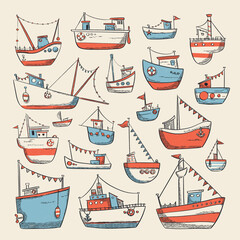 Handdrawn ships collection in nautical style with different boats and fishing vessels, decorative set for marine design and illustrations.