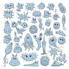 Funny handdrawn cartoon microbes and bacteria with different emotions in doodle style.