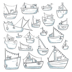 Handdrawn ships collection in nautical style with different boats and fishing vessels, decorative set for marine design and illustrations.