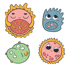Kawaii cartoon style round bacteria and microbes with smiling faces and big eyes.