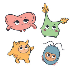 Cute cartoon germ mascot characters in different shapes, funny and friendly.