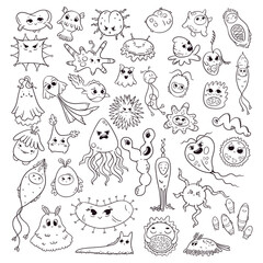 Black and white doodle line art microbes and bacteria collection for coloring page.