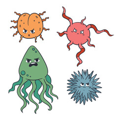 Angry cartoon bacteria and microbes with scary expressions and tentacles.