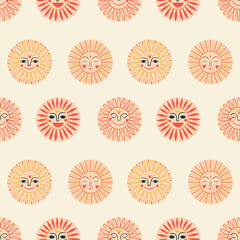 Geometric seamless pattern with folklore sun faces in boho and mystical style, ornamental and decorative design.