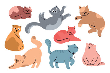 Cute full body cats in modern flat handdrawn cartoon style, playful poses and simple shapes, perfect for stickers, posters and prints.