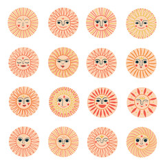 decorative collection with folklore sun faces, mystical and vintage boho style for textile and wrapping.
